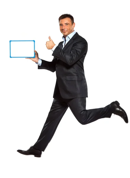 One Caucasian Business Man Running Jumping Double Thumbs Holding Whiteboard Royalty Free Stock Photos