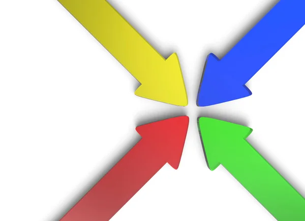 四个色彩艳丽的3D箭 由玻璃制成 射向中心 — 图库照片