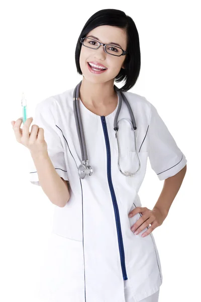 Médico Feliz Enfermeiro Com Seringa — Fotografia de Stock