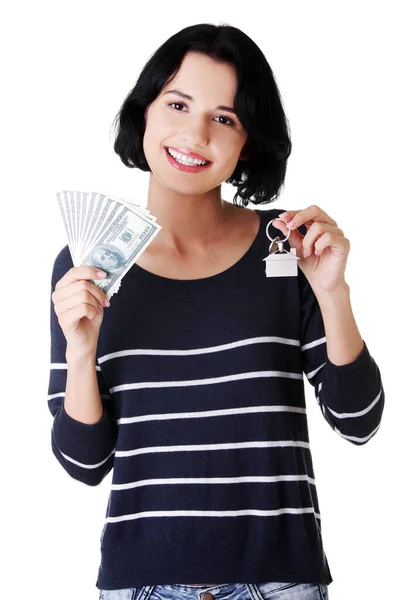 Beautiful Young Woman Holding Dollars Bills House Model White Real — Stock Photo, Image