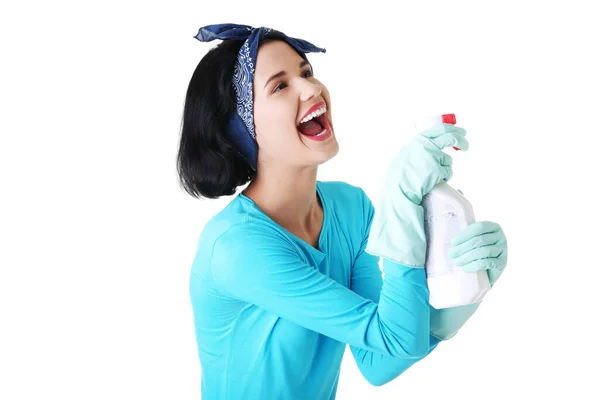 Feliz Mulher Limpeza Retrato Isolado Branco — Fotografia de Stock