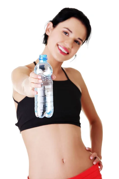 Young Fit Woman Holding Bottle Water Fitness Exercise — Stock Photo, Image