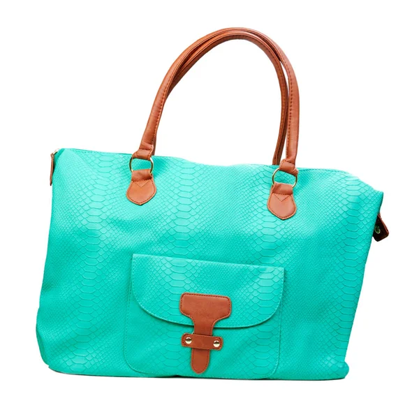 Fashionable Women Leather Handbag Green Изолировать Белом — стоковое фото