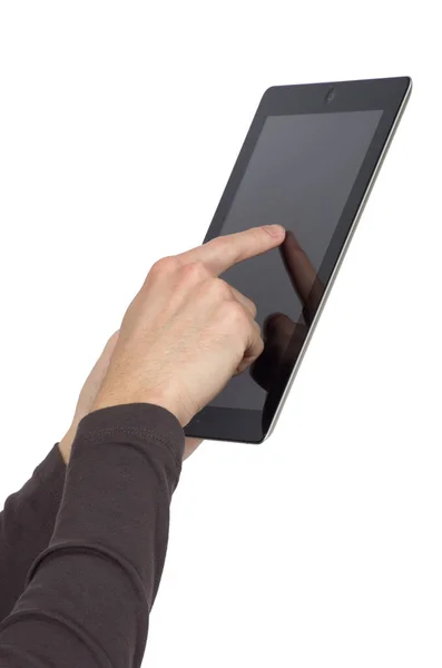 Hände Mit Tablet Computer Auf Weiß — Stockfoto