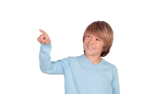 Happy Preteen Boy Pointing Something Isolated White Background — Stock Photo, Image