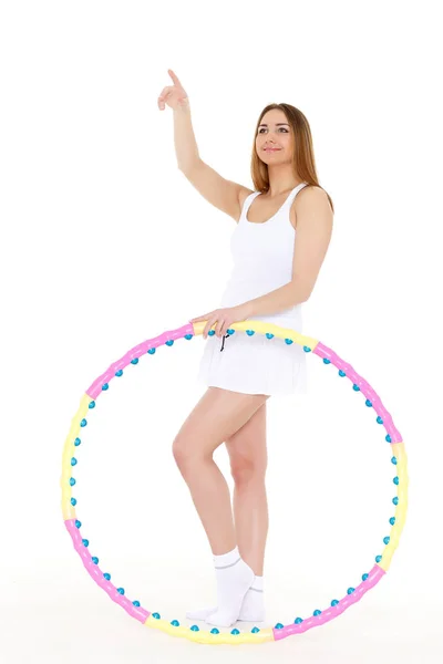 Young Sporty Woman Hula Hoop White Background Fitness — Stock Photo, Image
