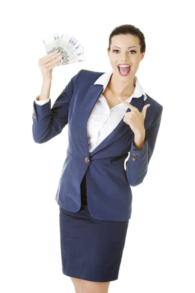 Happy Attractive Businesswoman Holding Euros Isolated — Stock Photo, Image