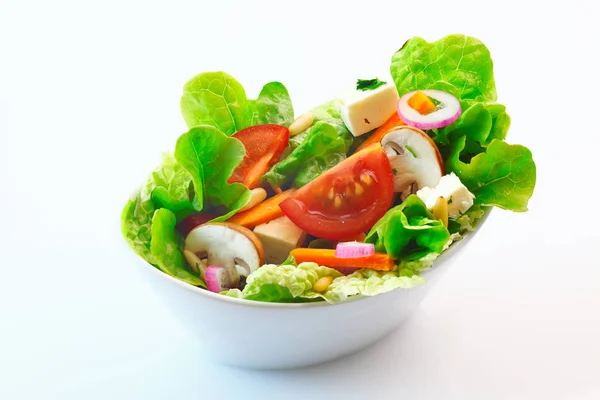 Bol Salade Verte Fraîche Avec Laitue Tomate Fromage Oignon Champignons — Photo