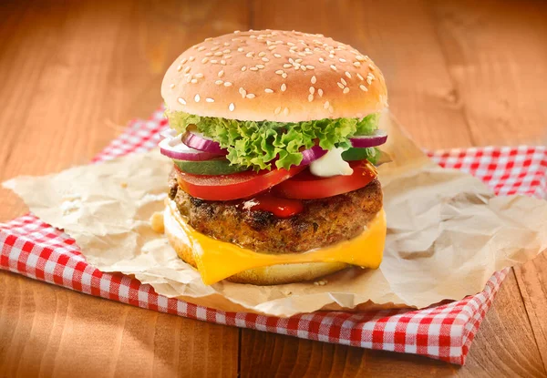 Hamburgers French Fries Sesame Bun Brown Paper Napkin — Stock Photo, Image