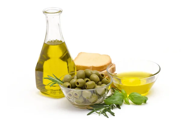 Olivový Olej Zelené Olivy Chléb — Stock fotografie