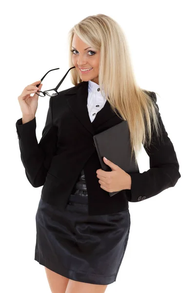 Young Business Woman Computer Tablet Stands White Background — Stock Photo, Image