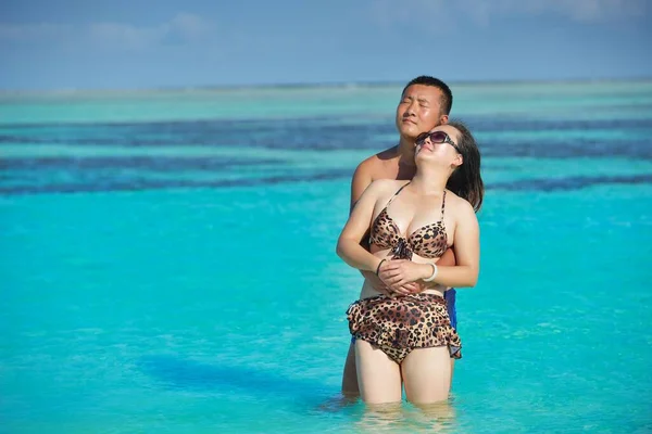 Feliz Jovem Asiático Casal Ter Diversão Romântico Tempo Verão Bela — Fotografia de Stock