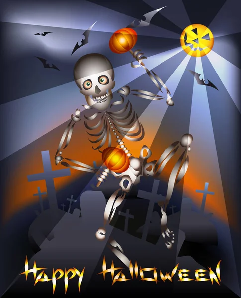 Halloween Gratulationskort Med Skelett Dans Med Maracas Kyrkogård Mot Flygande — Stockfoto