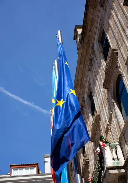Europeiska Flaggor Asturien Spanien Och Gijón — Stockfoto