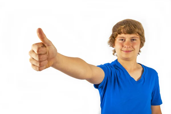 Schattig Knap Jongen Met Blauw Shirt Geniet Poseren — Stockfoto