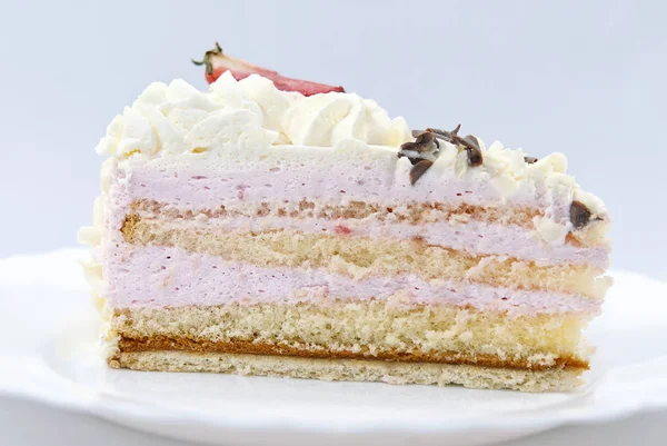 Slice Strawberry Cream Cake White Plate — Stock Photo, Image