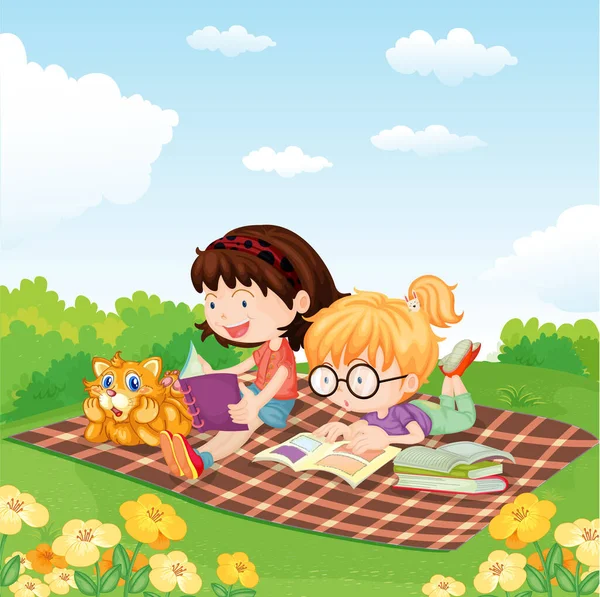 Ilustración Las Niñas Leyendo Libro Jardín — Foto de Stock