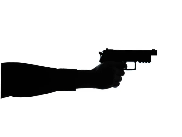 Detalle Primer Plano Caucásico Una Mano Hombre Apuntando Silueta Pistola —  Fotos de Stock