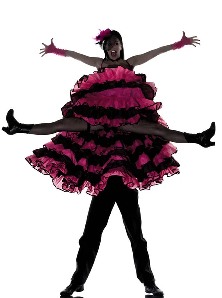 Casal Homem Mulher Dançarina Dançando Francês Cancan Estúdio Isolado Fundo — Fotografia de Stock