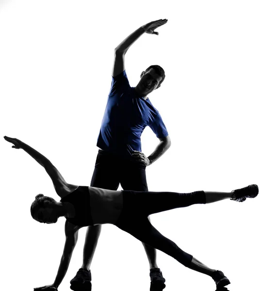 Paar Vrouw Man Oefening Fitness Aerobics Houding Silhouet Studio Geïsoleerd — Stockfoto
