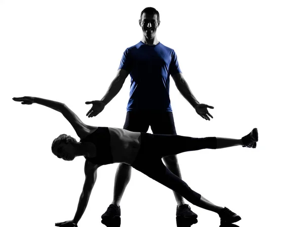 Casal Mulher Homem Exercitando Exercício Aptidão Aeróbica Postura Estúdio Silhueta — Fotografia de Stock