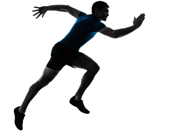 Corredor Homem Caucasiano Correndo Sprinter Sprinting Estúdio Silhueta Isolado Fundo — Fotografia de Stock