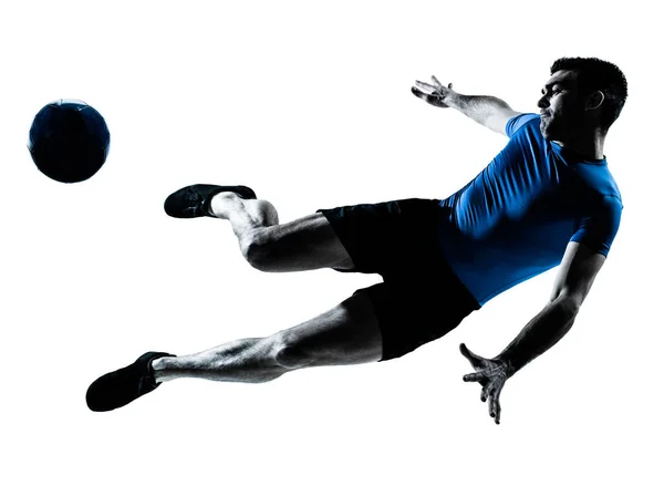 Caucasien Homme Volant Coups Pied Jouer Football Joueur Silhouette Studio — Photo