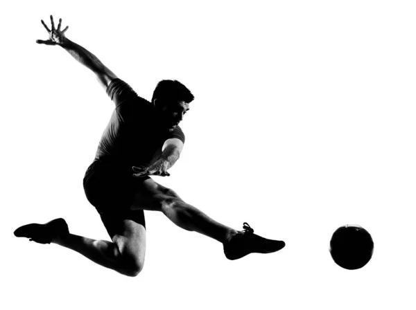 Caucasiano Homem Voando Chutando Jogar Futebol Jogador Silhueta Estúdio Isolado — Fotografia de Stock
