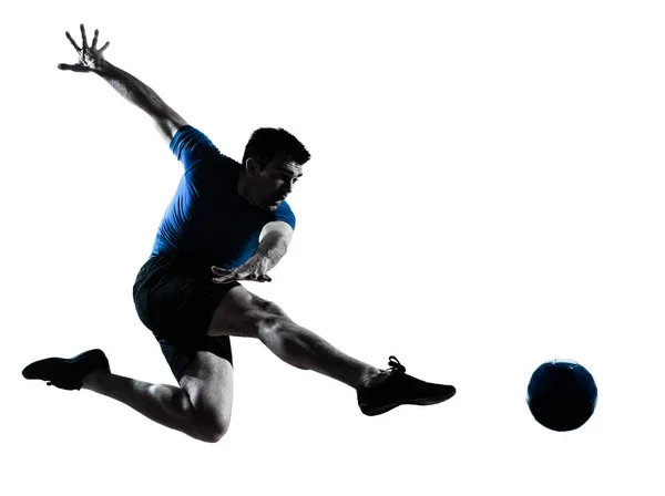 Caucasien Homme Volant Coups Pied Jouer Football Joueur Silhouette Studio — Photo