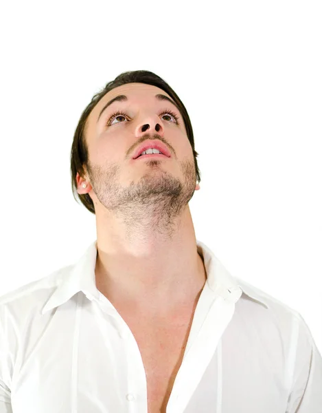 Όμορφος Νεαρός Άνδρας Πουκάμισο Κοιτάζει Ψηλά Απομονωμένος Λευκό Φόντο — Φωτογραφία Αρχείου