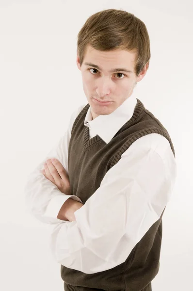 Ein Junger Mann Weißem Hemd Und Braunem Westover Mit Verschränkten — Stockfoto
