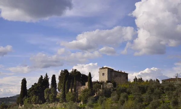 Paisagem Toscana Com Casa Azeitonas Vinha Colina — Fotografia de Stock