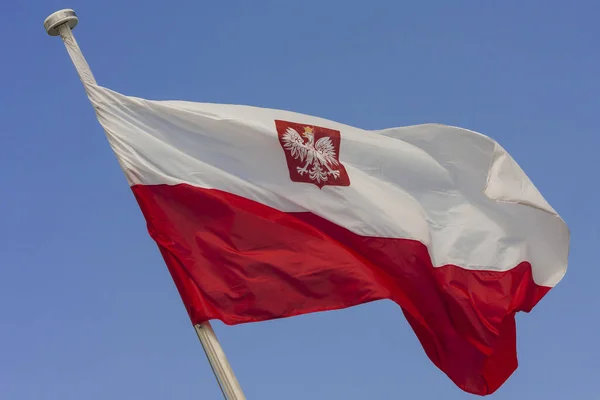 polish flag in the wind against a clear sky