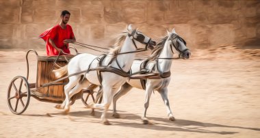 Man in chariot wearing red robe, white horses. clipart
