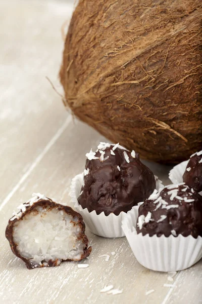 Bittersweet Chocolate Covered Coconut Rice Pudding Truffles Whole Coconut Wooden — Stock Photo, Image