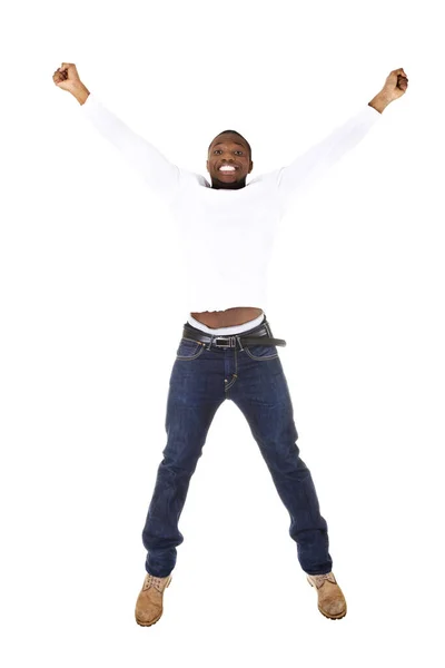 Jong Gelukkig Afro Amerikaanse Man Springt Vreugde Wit Achtergrond — Stockfoto