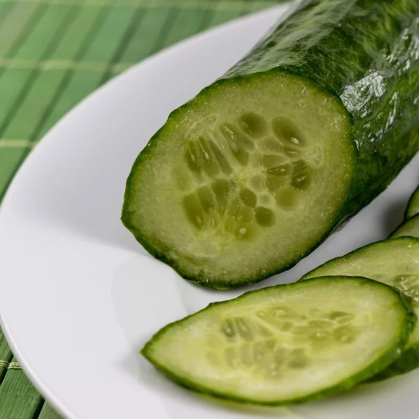 Fresh Sliced Cucumber White Plate Bamboo — Stock Photo, Image