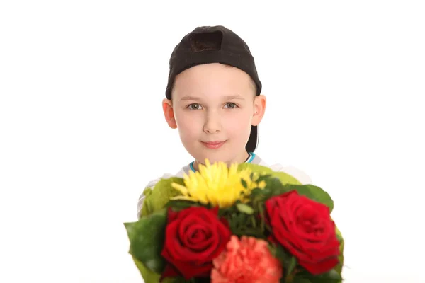 Photo Shows Young Boy Holding Bouquet Sprawled Camera — Stock Photo, Image