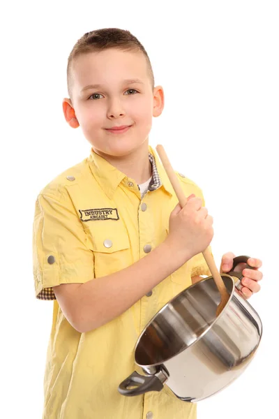 Little Boy Stands Saucepan Wooden Spoon Seems Stir Even Though — Stock Photo, Image