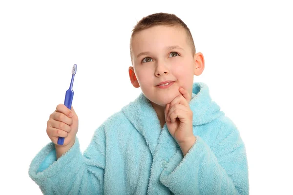 Fotoğrafta Küçük Bir Genç Adam Görülüyor Fırçalarken — Stok fotoğraf