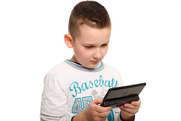 Een Jongetje Staat Voor Een Nintendo Lijkt Ermee Spelen — Stockfoto