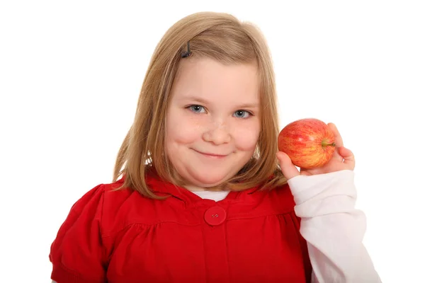 Fotografia Retrato Una Niña Que Tiene Una Manzana Cámara Mientras — Foto de Stock