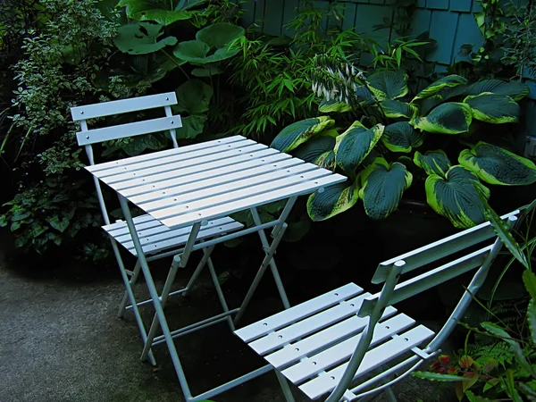 Una Fotografía Conjunto Mesa Sillas Ubicadas Jardín —  Fotos de Stock