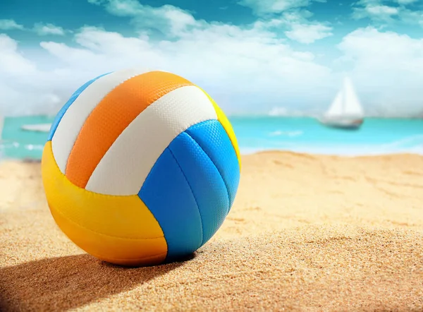 Colourful Beach Ball Golden Sand Tropical Beach Ocean Yacht Visible Royalty Free Stock Images