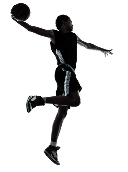 Jovem Jogador Basquete Silhueta Estúdio Isolado Fundo Branco — Fotografia de Stock