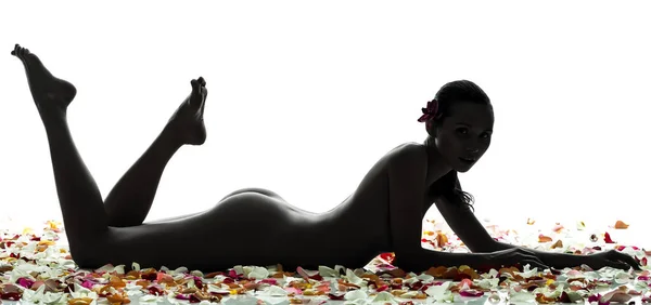 One Beautiful Asian Woman Naked Lying Petal Flowers Silhouette Studio — Stock Photo, Image