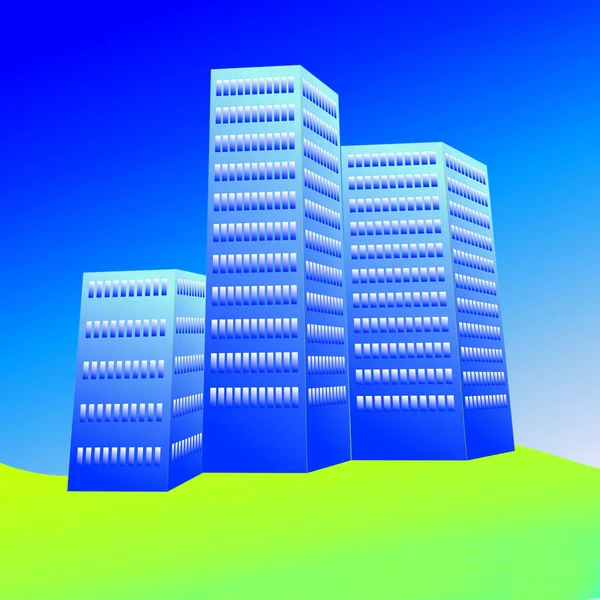 3座蓝色摩天大楼绿地矢量 — 图库照片