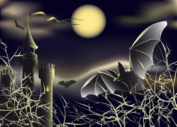Halloween Landscape Castle Flying Bats Midnight Sky — Stock Photo, Image