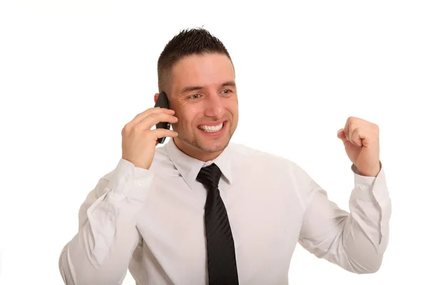 Photo Shows Young Businessman Who Apparently Phone Cheers — Stock Photo, Image