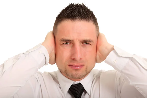 Keeps Closed Portrait Photo Young Man Desperately Ears — Stock Photo, Image